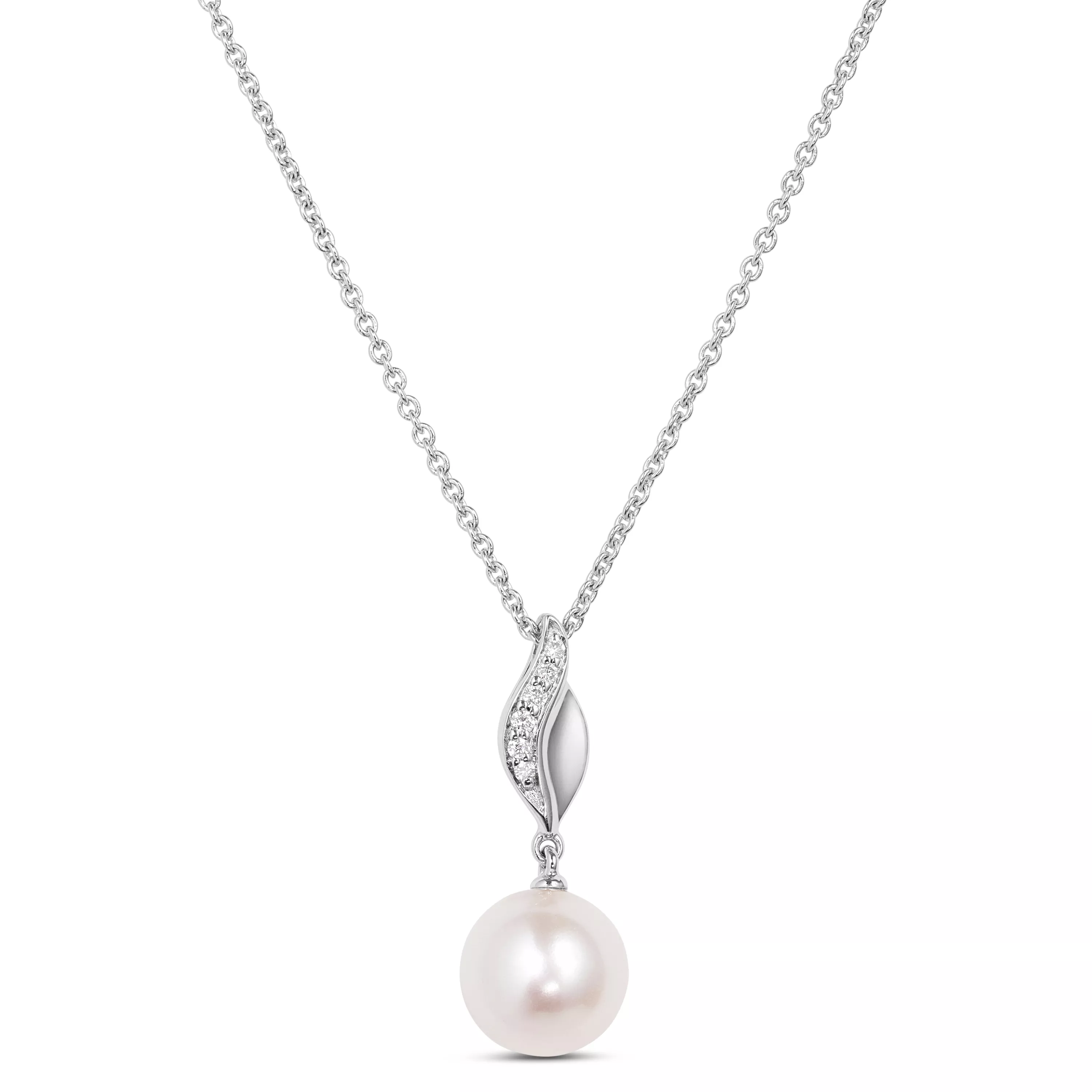 Wavy Cultured Pearl and Diamond Pendant Necklace, 14K White Gold