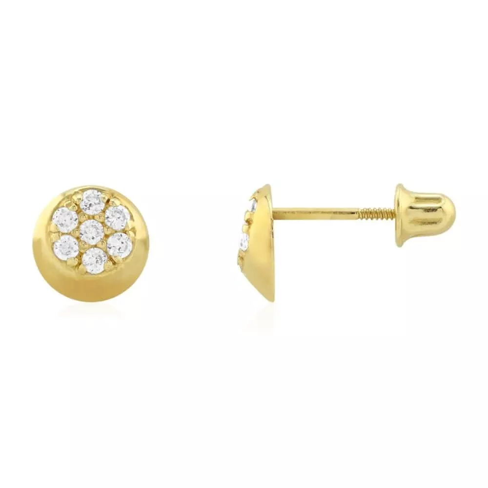 White Zircon Cluster Button Shaped 14K Yellow Gold Stud Screw Back Earrings