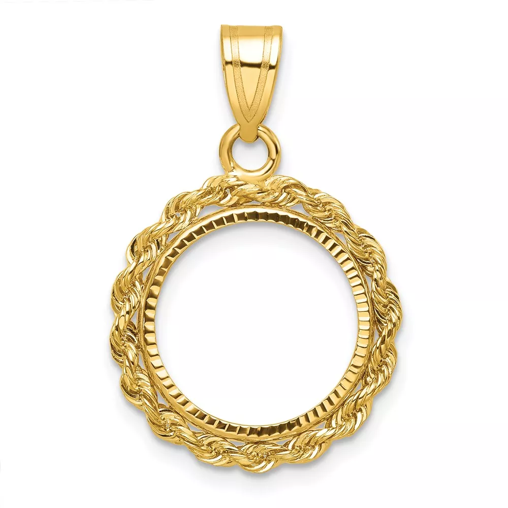 Wideband Distinguished Coin Jewelry 14k Diamond-cut with Rope 14.0mm Prong Coin Bezel Pendant