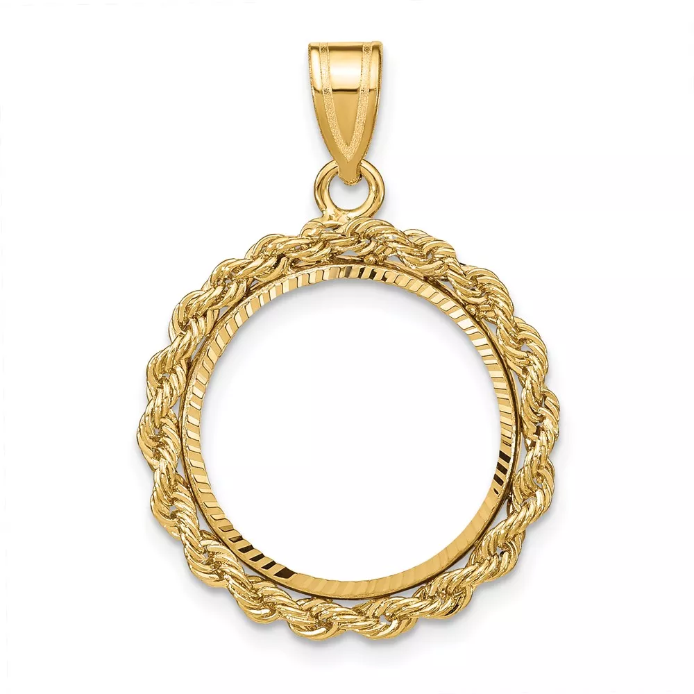 Wideband Distinguished Coin Jewelry 14k Diamond-cut with Rope 16.5mm Prong Coin Bezel Pendant