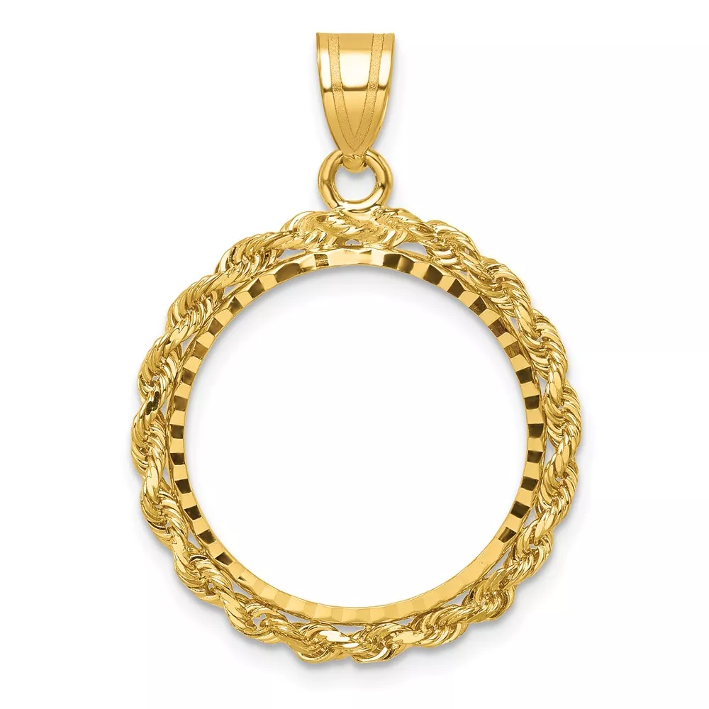 Wideband Distinguished Coin Jewelry 14k Diamond-cut with Rope 18.0mm Prong Coin Bezel Pendant