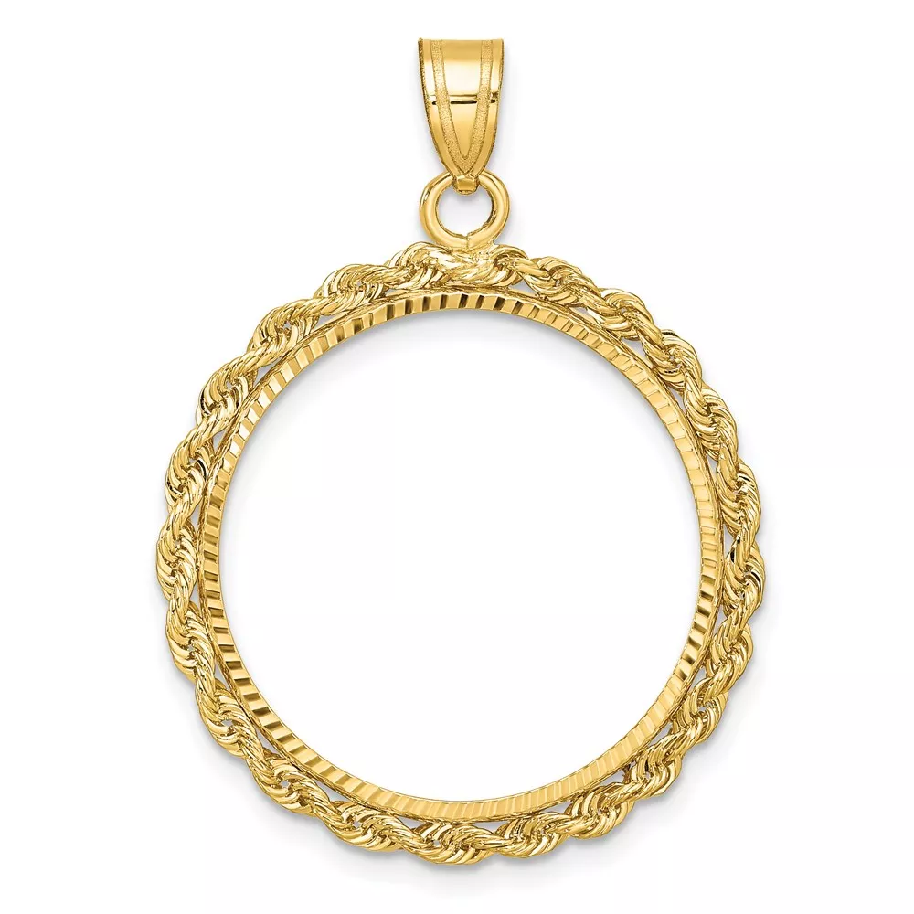 Wideband Distinguished Coin Jewelry 14k Diamond-cut with Rope 22.0mm Prong Coin Bezel Pendant