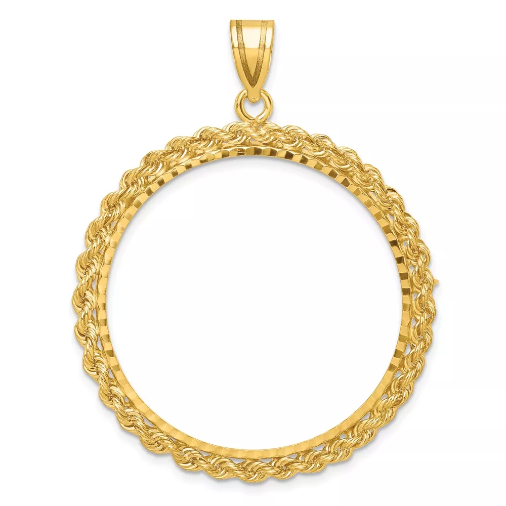 Wideband Distinguished Coin Jewelry 14k Diamond-cut with Rope 32.0mm Prong Coin Bezel Pendant