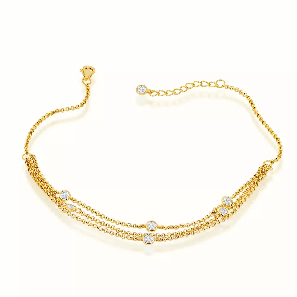 Women's Vermeil Bezel Diamond Triple Chain Anklet