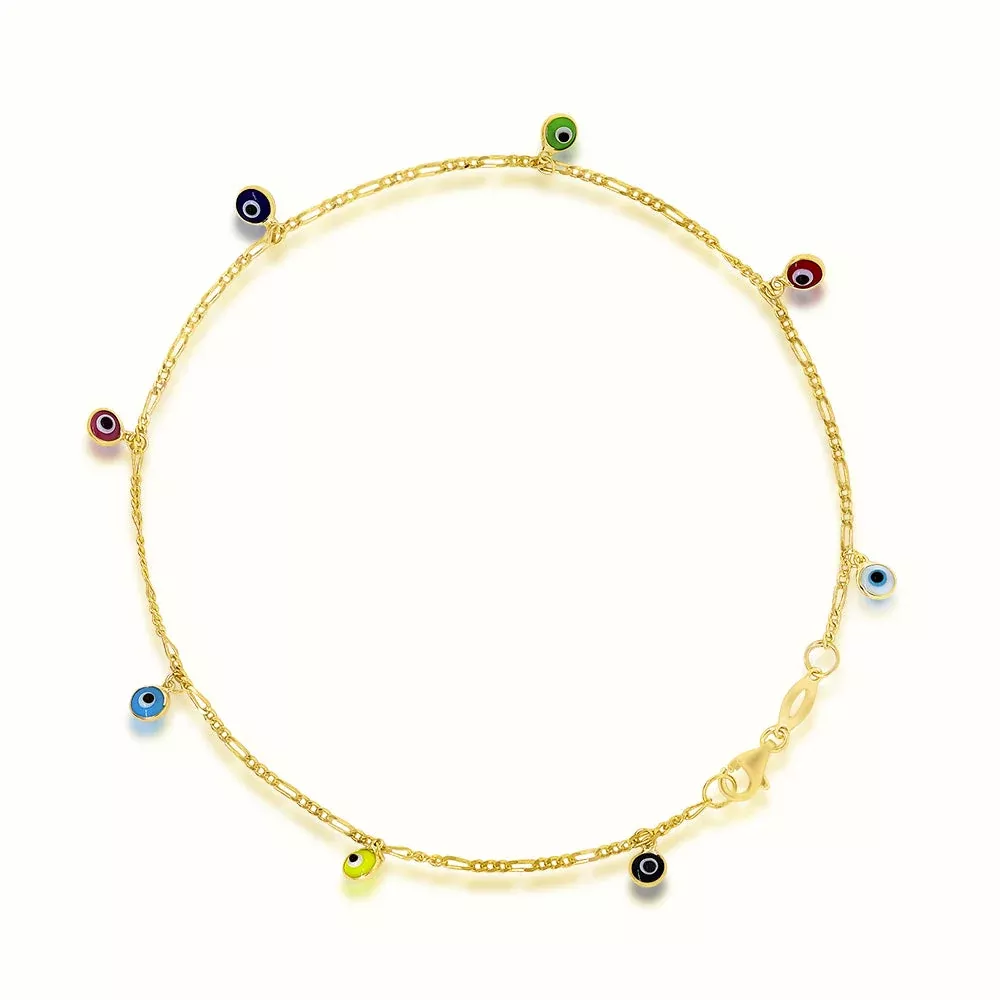 Women's Vermeil Dangling Multi Color Evil Eyes Anklet