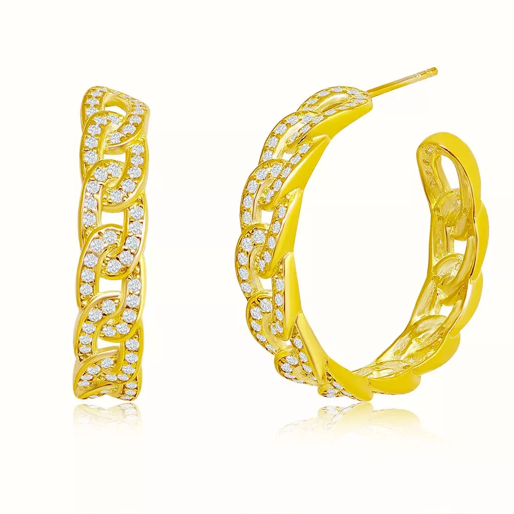 Women's Vermeil Diamond Cuban Link Hoop Earrings