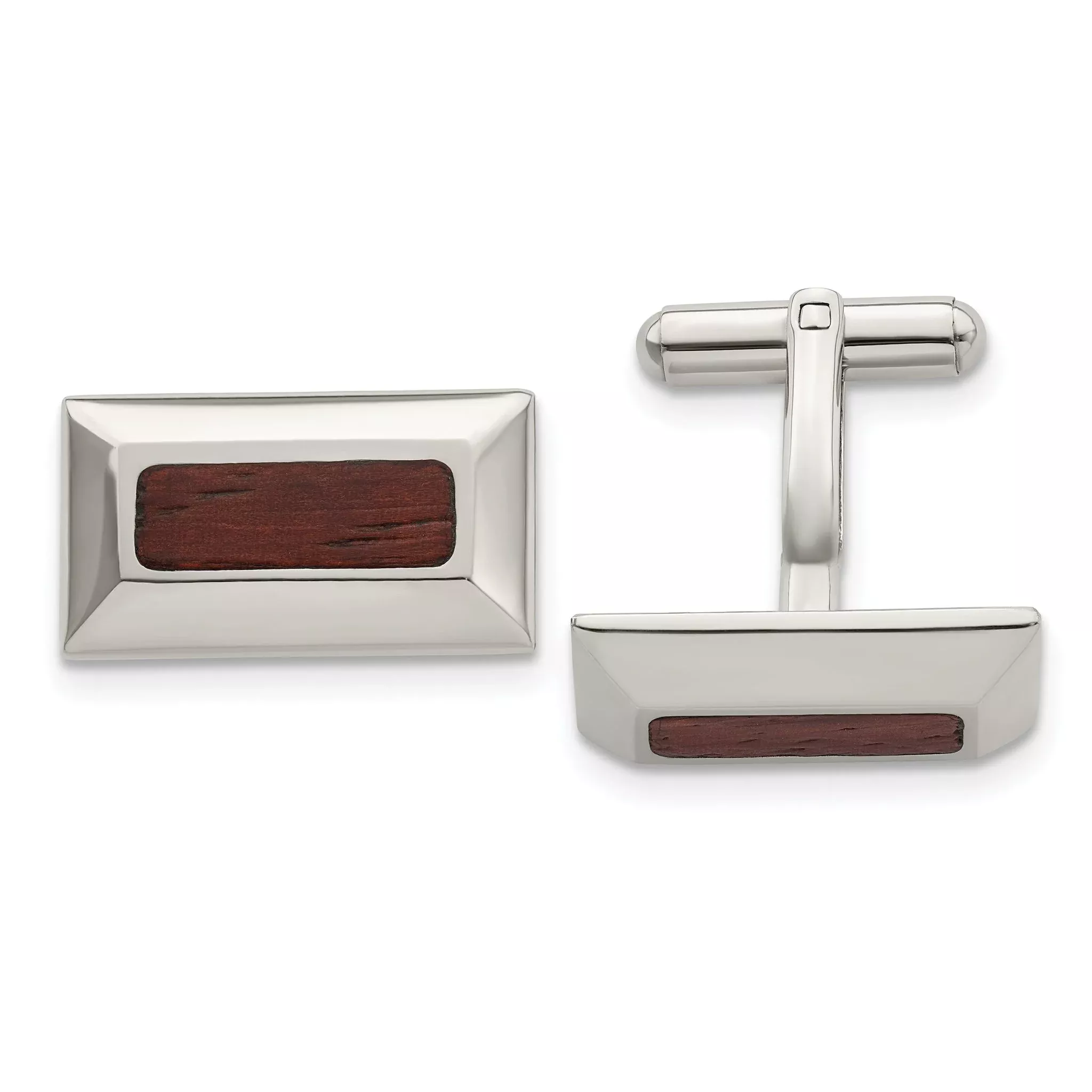 Wood Inlay Rectangle Cufflinks in Stainless Steel