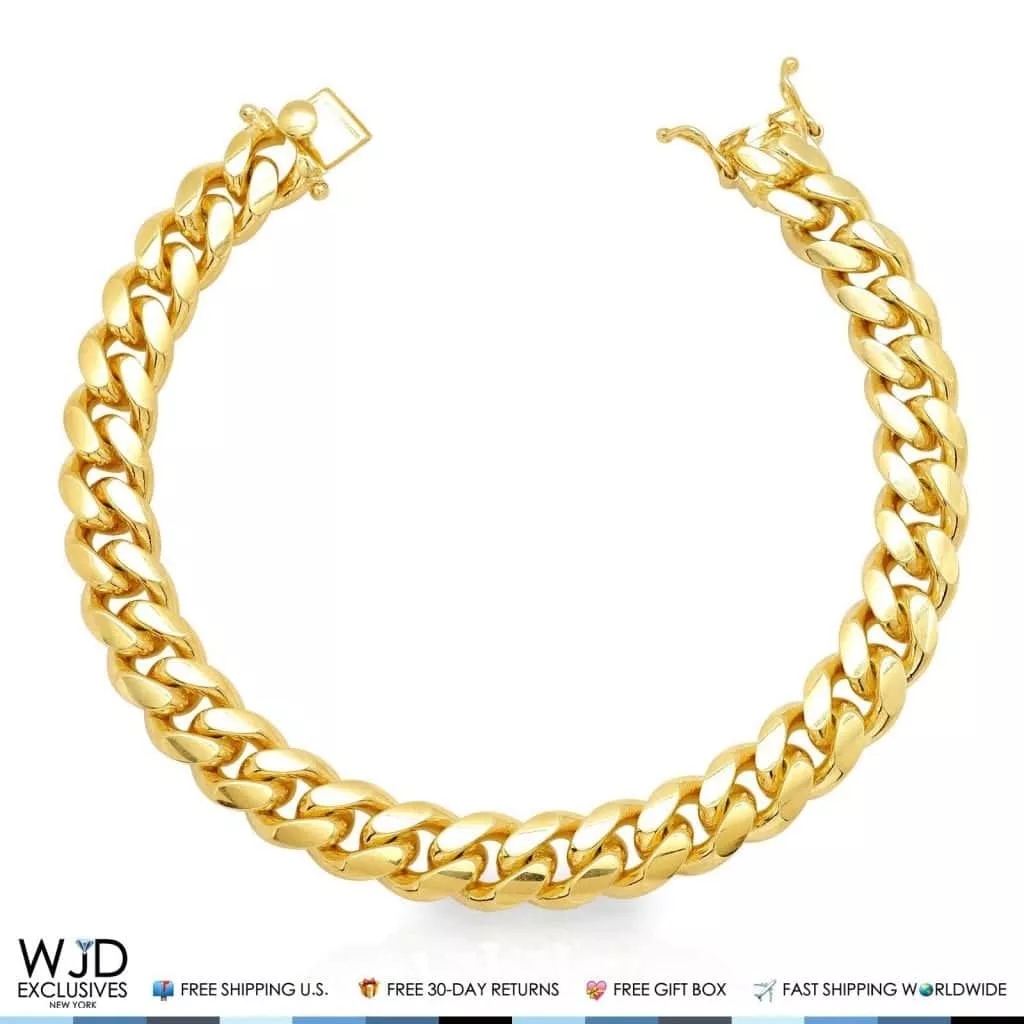 Yellow Gold Over Sterling Silver 12mm Miami Cuban Bracelet (Solid Links) 9"