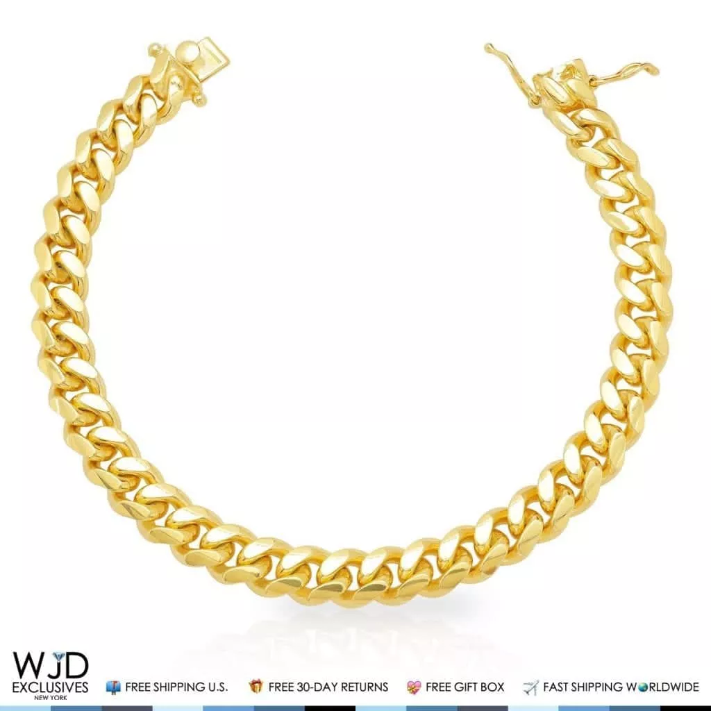 Yellow Gold Over Sterling Silver 9mm Miami Cuban Bracelet (Solid Links) 9"