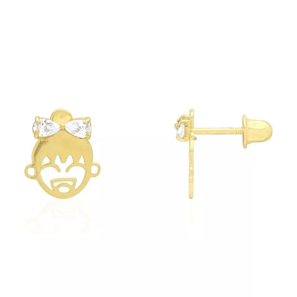Zircon Bow Happy Girl Face Stud Screw Back Stud Earrings 14K Yellow & White Gold
