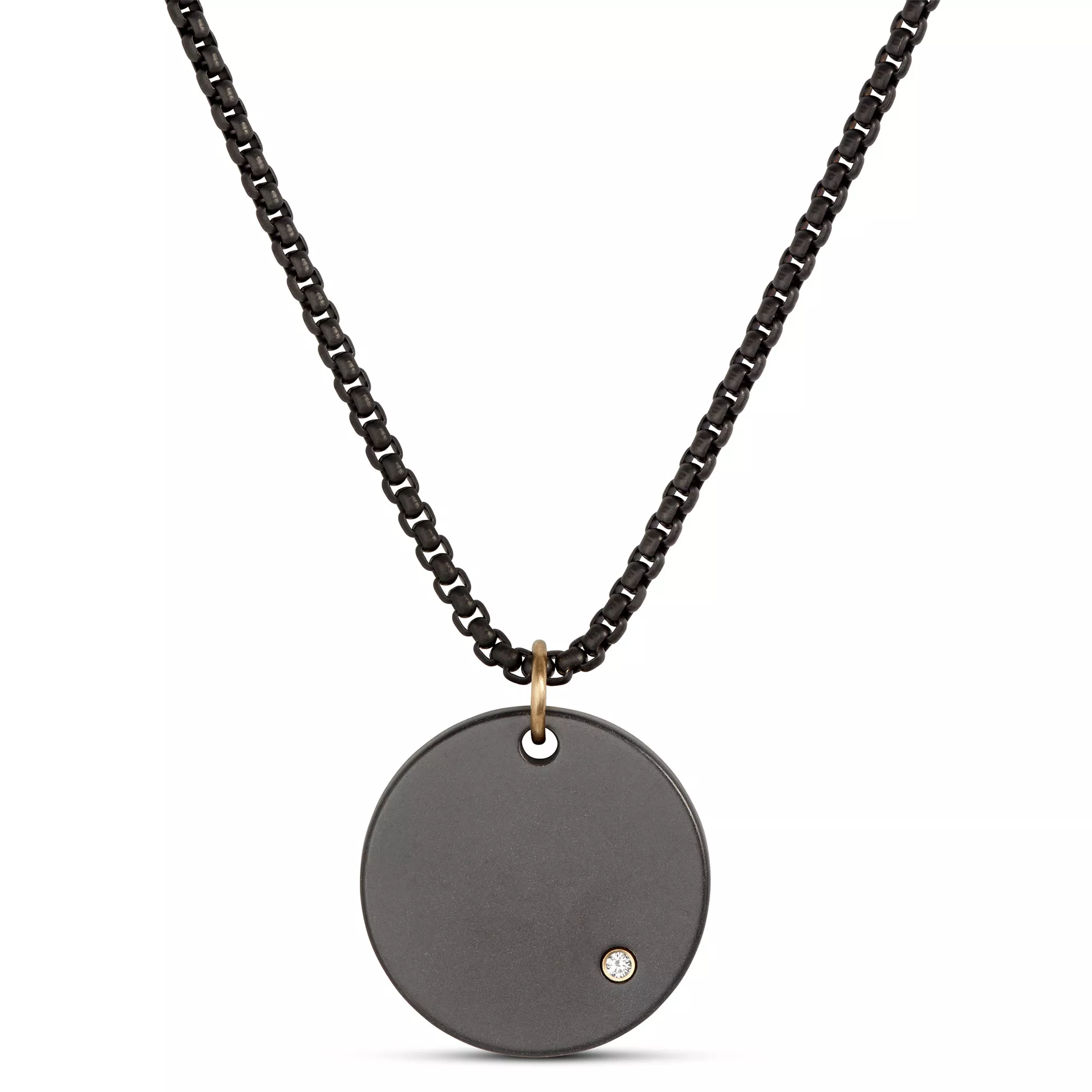 Zirconium Disc Pendant on 24mm Black Stainless-Steel Chain
